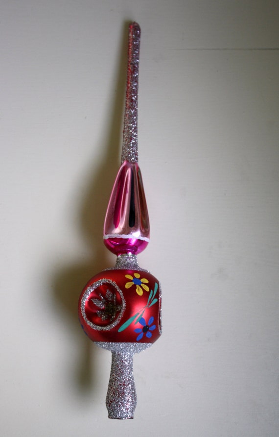 Vintage Glass Tree Topper Finial Red Pink Glitter Three