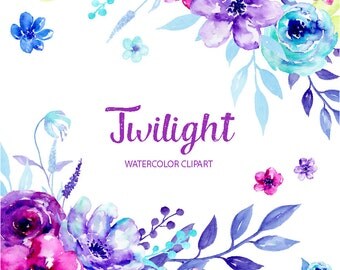 Watercolor Clipart Twilight - blue and purple flowers, decorative elements and flower posies for instant download