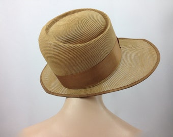 Authentic Vintage 1920's Wide Brimmed Straw Cloche' with Grosgrain Trim and Deco Bow