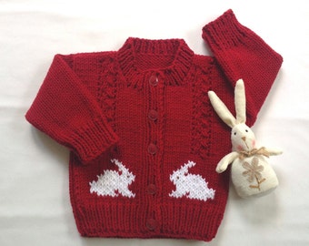 Baby red Bunny cardigan - 6 to 12 months - Baby knits - Infant red sweater - Kids bunny jumper - Bunny motifs