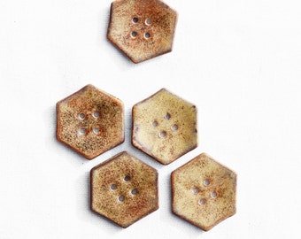 large hexagon ceramic button for sewing or knitting project ~ handmade ceramic button for bag or scarf ~ 4 hole button sienna brown