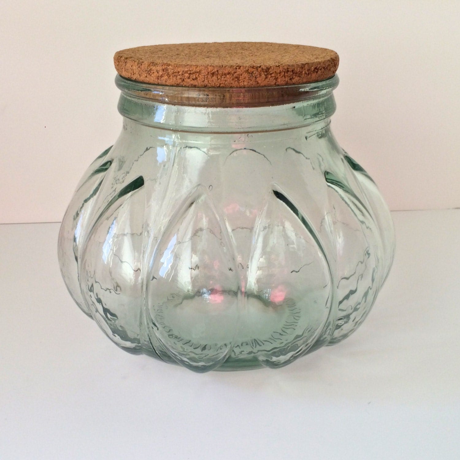 Large Green Glass Apothecary Jar with Cork. Pumpkin Shaped
