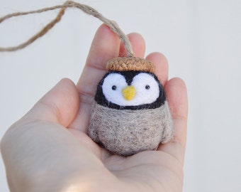 needle felt penguin ornament, penguin nursery decoration, needle felted animal ornament, amigurumi penguin, penguin figurine