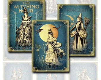 Gothic Witches, Halloween Digital Collage Sheet, ATC sized Printable Art Gift Tags, Instant Download Clip Art