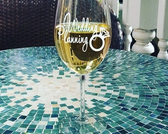 Wedding Planning wine glass with diamond ring design - made to order