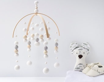 White Nursery Mobile. White Baby Mobile. Baby Crib Mobile. Nursery Cot Mobile. Gender Neutral Felt Ball Mobile White and Grey Ceiling mobile