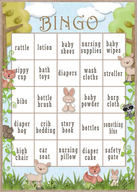 60 card Woodland theme baby shower bingo 60 by SunnysideCottageArt