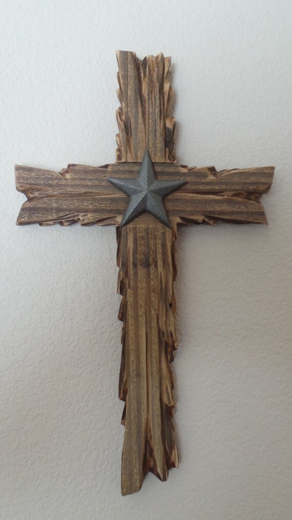 Weathered and Distressed Wood Wall Cross with Texas Star
