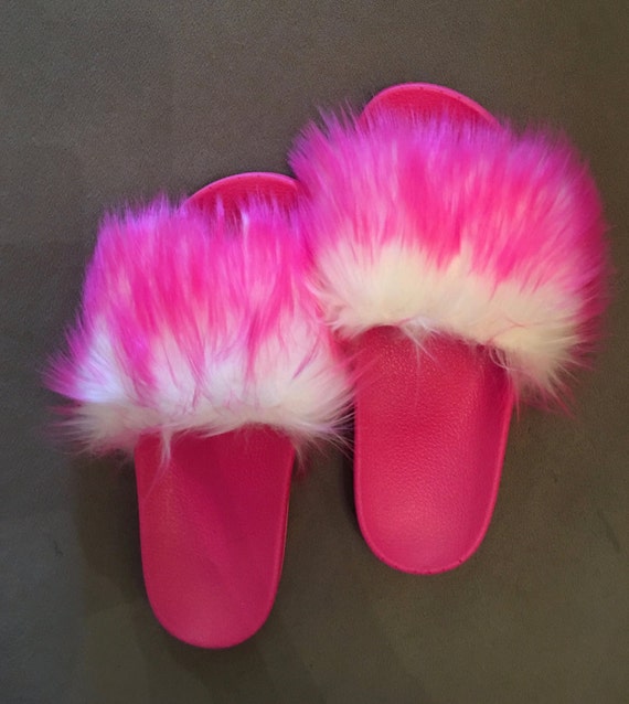 Sl Fluffy Slides Name Fucshia Color Hot Pink Faux Fur