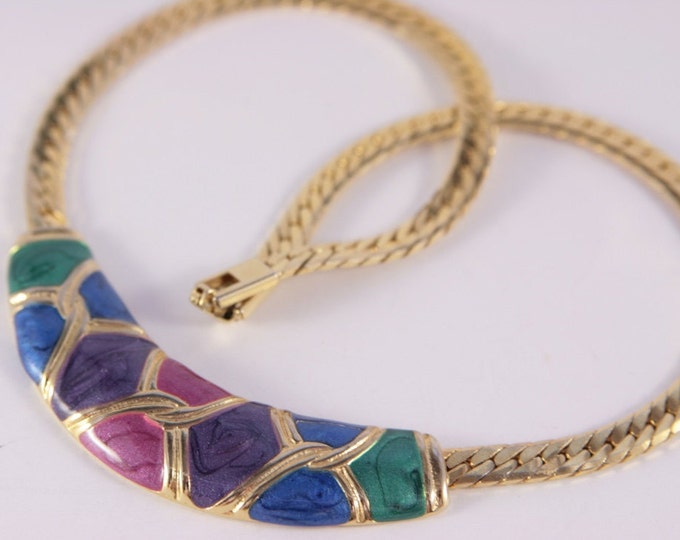 Multi Colour Bib Necklace Purple Violet Blue Green Vintage Choker Snake Chain Necklace Enamel Necklace Gold Wide Necklace Chanel Style 1950s