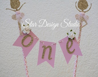 Ballerina Cake topper "One" Pink and Gold Cake Topper Birthday bunting- Glitter Gold and Pink, Any age and name available