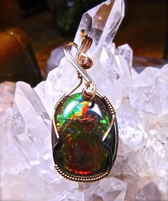 Wire Wrapped AMMOLITE FOSSIL Pendant in 14k Gold Filled Wire