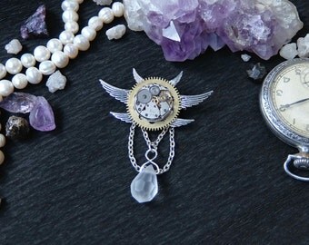 Winged Steampunk Brooch with vintage watch movement, Gift for Girl, For Her, For Woman, For Sister, For Friend OOAK