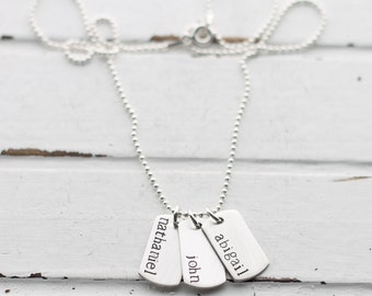 Name Necklace, Sterling Silver Dog Tag Pendant, Mother's Necklace, Kid's Names, Children, Military Mom Gift, Hand Stamped Jewelry
