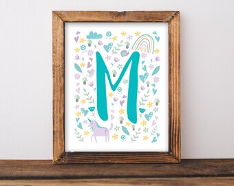 Unicorn Nursery Wall Art Printable, Whimsical Baby Name Letter Baby Shower Gift, Lavender Unicorns Personalized Bedroom Decor Birthday