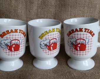 Three 1980's Vintage BREAK TIME Red Whistling Kettle Mugs