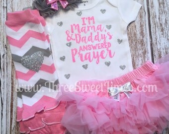 Baby Girl Outfit | I'm Mama And Daddy's Answered Prayer | Optional Leg Warmer Headband Tutu Bloomer | Pink Silver Glitter | New Baby Shower