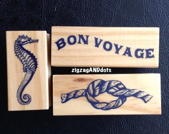 Nautical Theme Rubber Stamp on Wood Block, Rope, Seahorse, Bon Voyage, Scrapbooking, Cardmaking, Your Choice of One Stamp