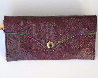 Womens vegan wallet, hand tooled purple clutch, vegan wristlet wallet, free shipping, unique envelope clutch, tri-fold checkbook wallet