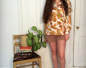 vintage 70s groovy orange paisley print button down shirt