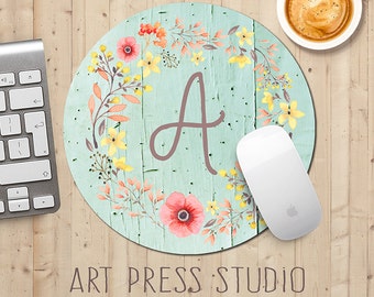 Monogrammed Floral Wreath Mousepad, Poppies on Mint Wood, Initial Monogram Mouse Pad, Shabby Chic Mousepad, Boho MousePad, Teacher's Gift