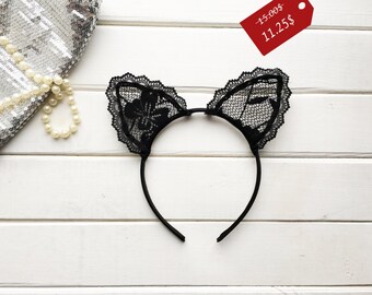 Cat ears, Black cat ears, Black lace ear, Cat ear tiara, Valentine's Day, Ariana Grande ear, Kitty ear, Lace ears, Cat costume, Bachelorette