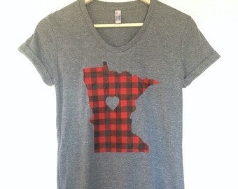 Women's Minnesota Love Flannel Tshirt- Screen Printed Minnesota Red Buffalo Check Women's T-Shirt