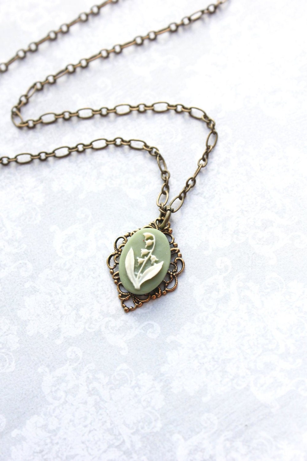 Lily of the Valley Necklace Cameo Necklace Sage Green Vintage