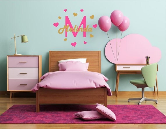 Monogram wall decal, girls name decals, girls nursery wall decor, custom name stickers, little heart decals, mini heart stickers, girl decal