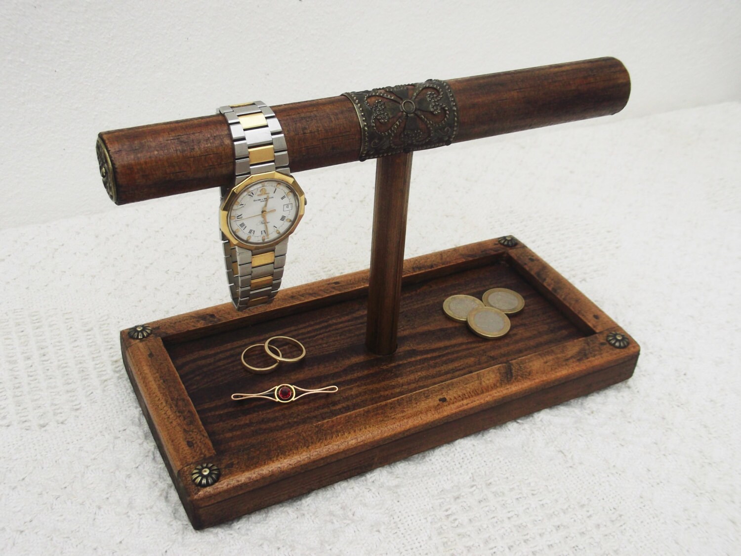Mens Wooden Watch and Bracelet Stand with Valet Tray