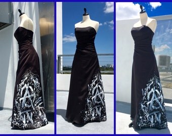 Unique women hand painted "ANARCHY" black bustier evening dress, painted by Urban Street Artist from Miami