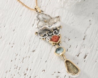 Raw Moonstone Necklace, Coral Necklace, Fine Jewelry, Aquamarine necklace, Raw Stones Necklace, 22K Gold, Unique jewelry women