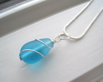 Blue Necklace - Cultured Sea Glass Jewelry - Necklace and Earring Bridesmaid Set - Wire Wrapped Necklace - Recycled Glass - Blue Bridesmaid
