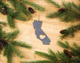 Love California Christmas Ornament State Rustic Metal Recycled Steel Holiday Gift for Her Him Fall Decor Wedding Favor