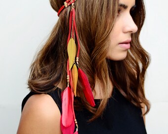 SALE THE NYLA - Red Tribal Feather Headband Hippie Clothes, Burning Man, Coachella Clothing, Bridal Accessories, Native American Clothing