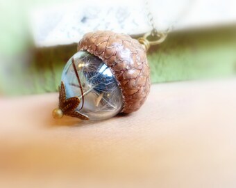 Acorn necklace gift Dandelion necklace Acorn pendant gift Real seeds in sky blue glass orb pendant Dandelion jewelry Woodland wedding gift