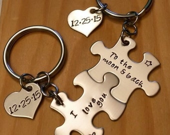 Hand Stamped Keychain - Couples Puzzle Piece Keychains - I Love you to the moon and back - Personalized Keychain