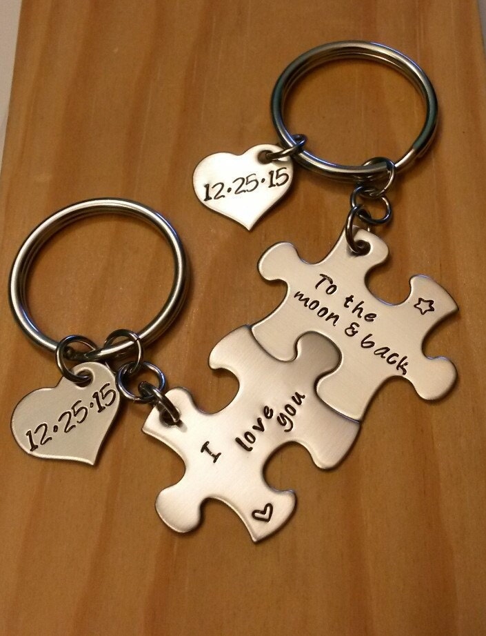 Hand Stamped Keychain Couples Puzzle Piece Keychains I