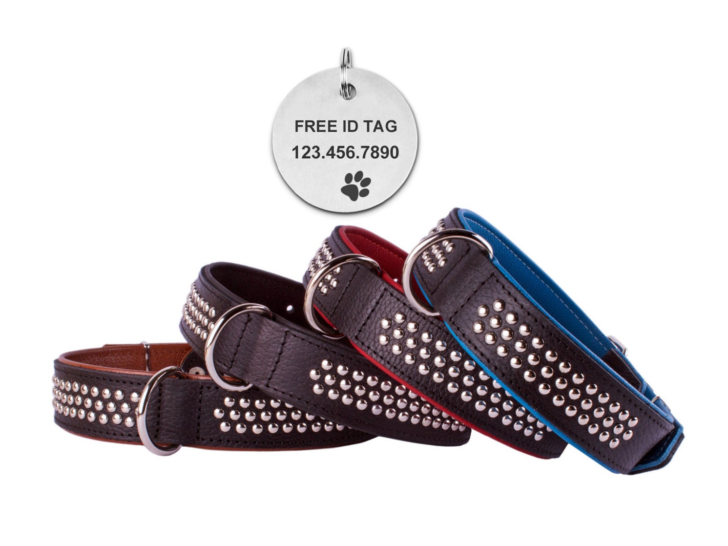 Extra Large Dog Collar Leather Studded Black Blue Brown Red