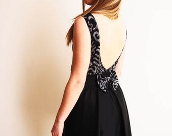 Mad Men 50's Peter Pan Collar Backless Dress w. Decorative Bow//60% OFF Damask Pattern //Mini Or Midi //Prom Night Dress // Lindy Hop Dress