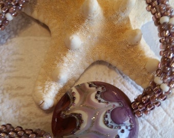 Kumihimo Beaded Necklace with Mauve Lampwork Focal Bead