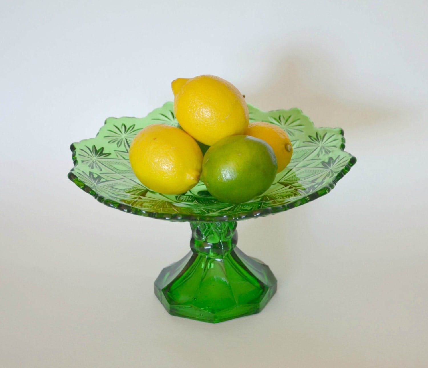 Vintage Green Pressed Glass Footed Fruit Bowl Pedestal Emerald