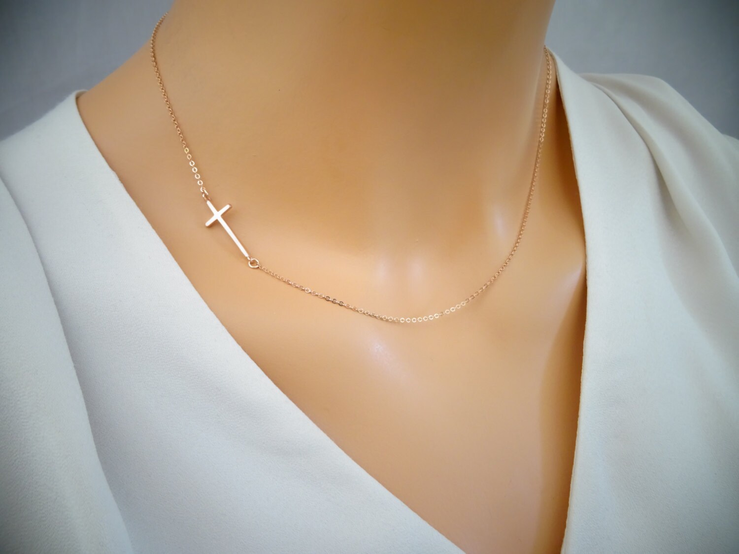 Side cross necklace Ultra delicate Rose Gold Cross Necklace