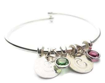 Personalized Mom|Initial and Birthstone Cuff Bracelet | Sterling|Silver|Jewelry | Child Birthstone Initial Bracelet Personalized Custom Made