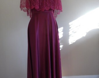 Vintage Late 1970s - Early 1980s, Retro Victorian Lace Trimmed Burgundy Evening Gown from JC Penney, Size 13/14