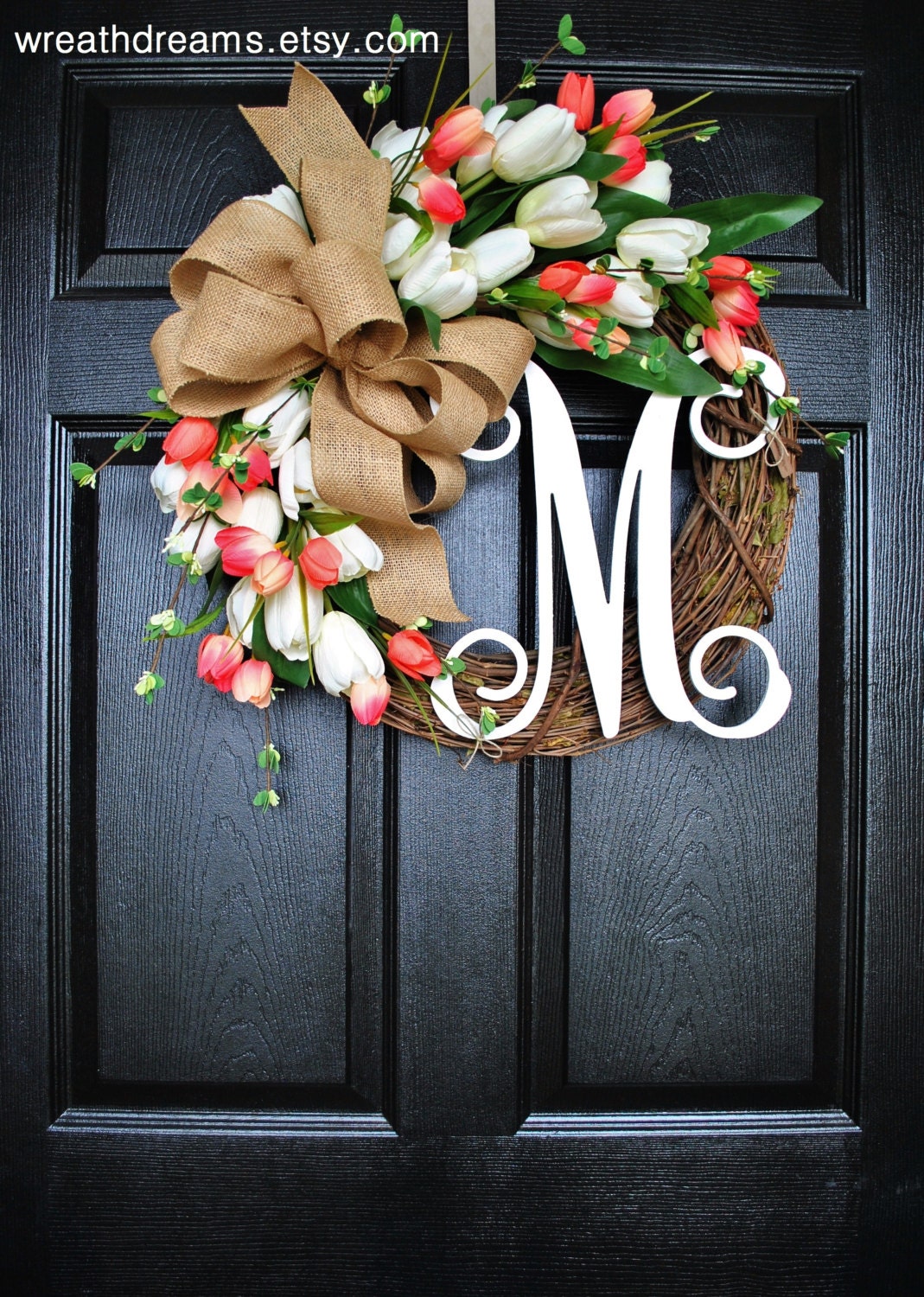 White & Coral Tulip Wreath. Grapevine Wreath. Year Round Wreath. Spring Wreath. Summer Wreath. Monogram Wreath. Door Wreath.