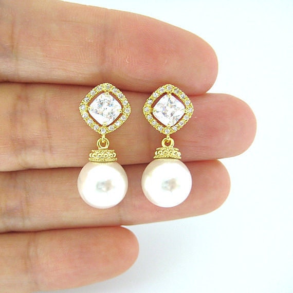 Bridal Pearl Earrings Wedding Square Cut by AllYourJewelry on Etsy