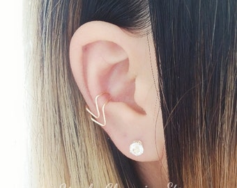 Double Chevron Ear Cuff Conch Earring Cartilage Helix Clip On, No Piercing Geometric Jewelry - Sterling Silver, 14K Gold Filled