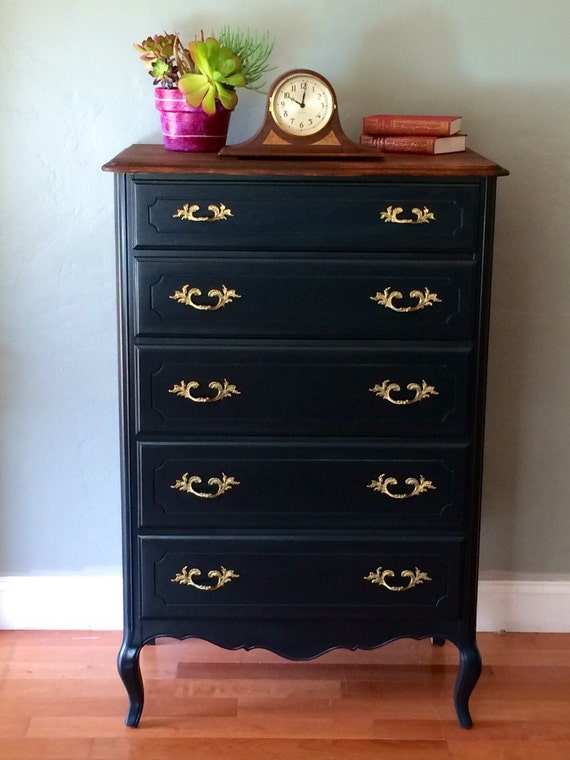Vintage Navy Blue French Provincial Tall Boy Dresser Chest of