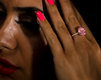 Pink Rose Quartz Ring, Oval Cut Quartz Engagement Ring, Pink Quartz and Diamond Rose Gold Tulip Ring